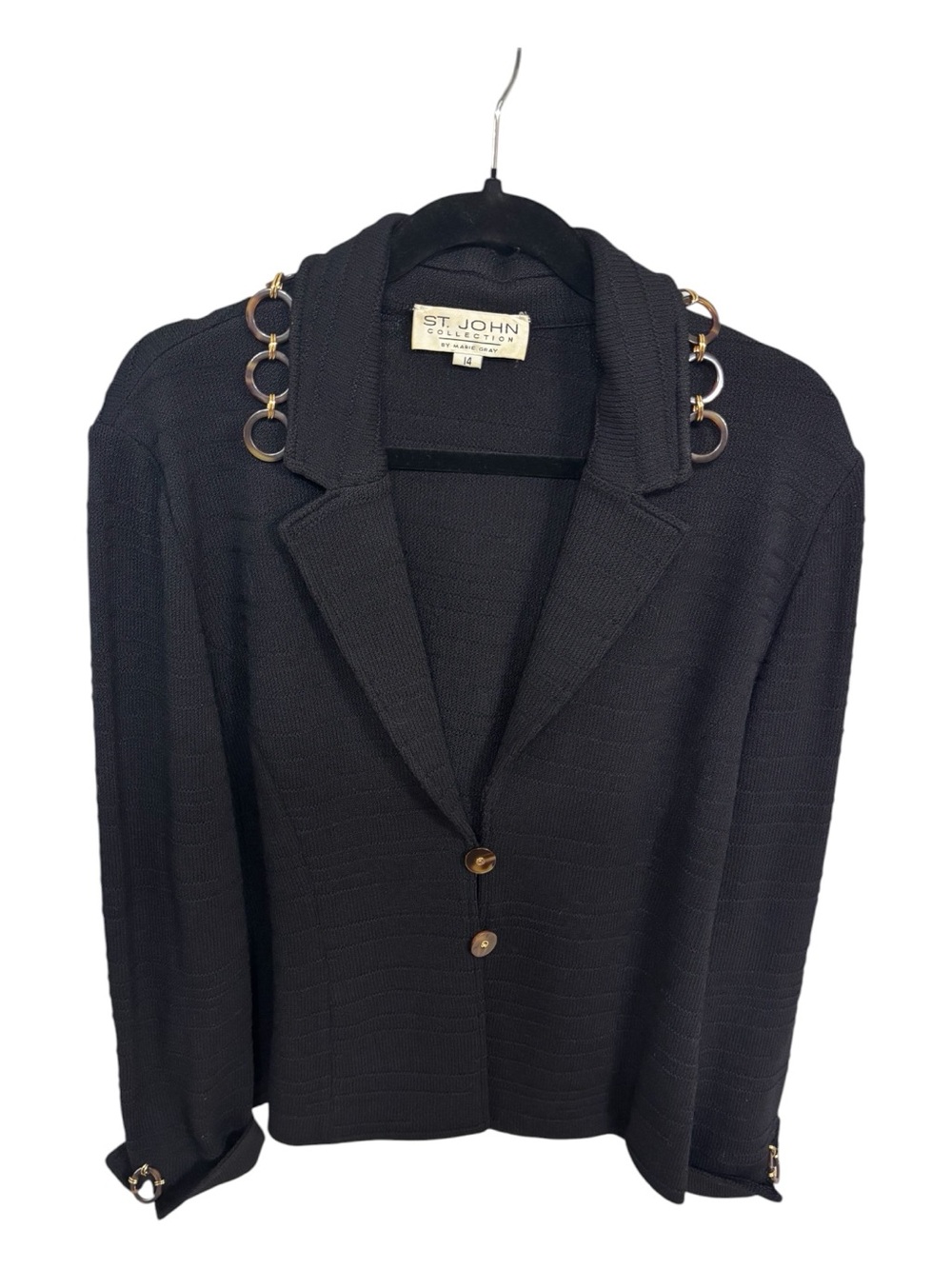 St. John Black Knit Jacket w Tortoise Ring Detail Sz 14 EUC